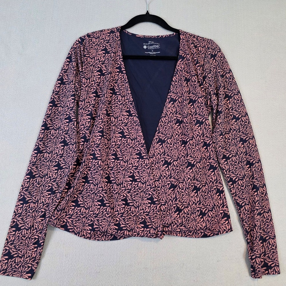 Coolibar Vrae Everyday Fashion Wrap Navy Pink Floral UPF 50+ Long Sleeve Top M